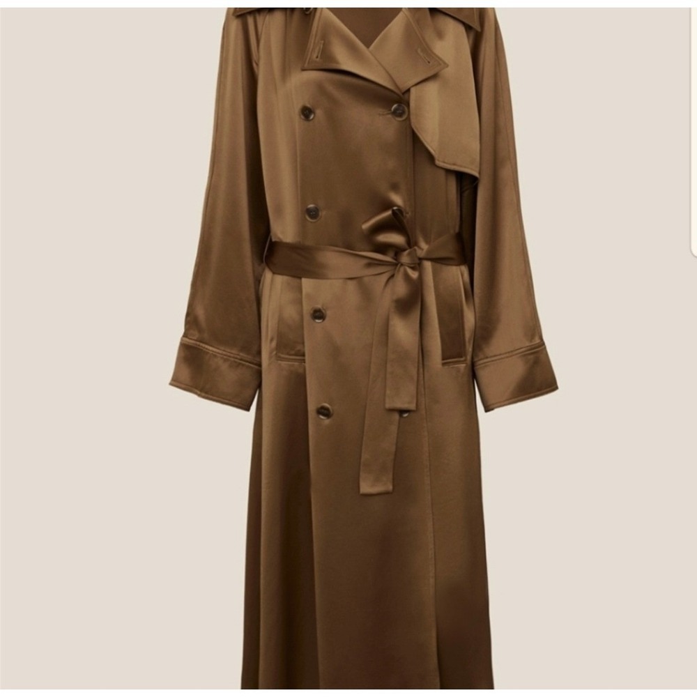 LAtelier STORE Satin Trench Coat Brown Double Breasted Belted Oversized S NWT